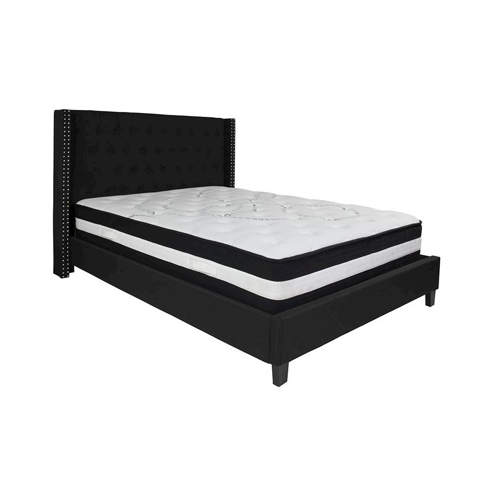 Queen Size Platform Bed in Black Fabric with Pocket Spring Mattress