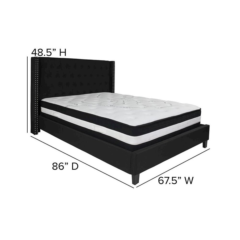Queen Size Platform Bed in Black Fabric with Pocket Spring Mattress