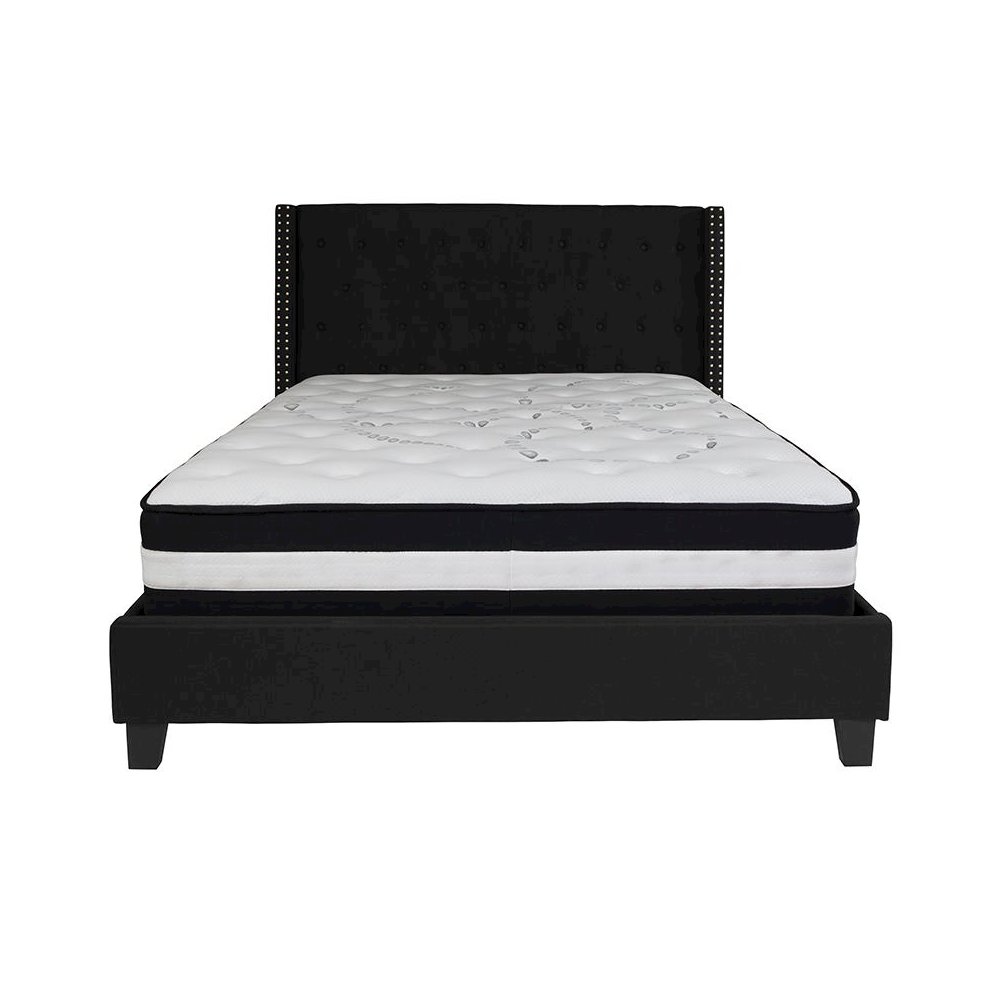 Queen Size Platform Bed in Black Fabric with Pocket Spring Mattress