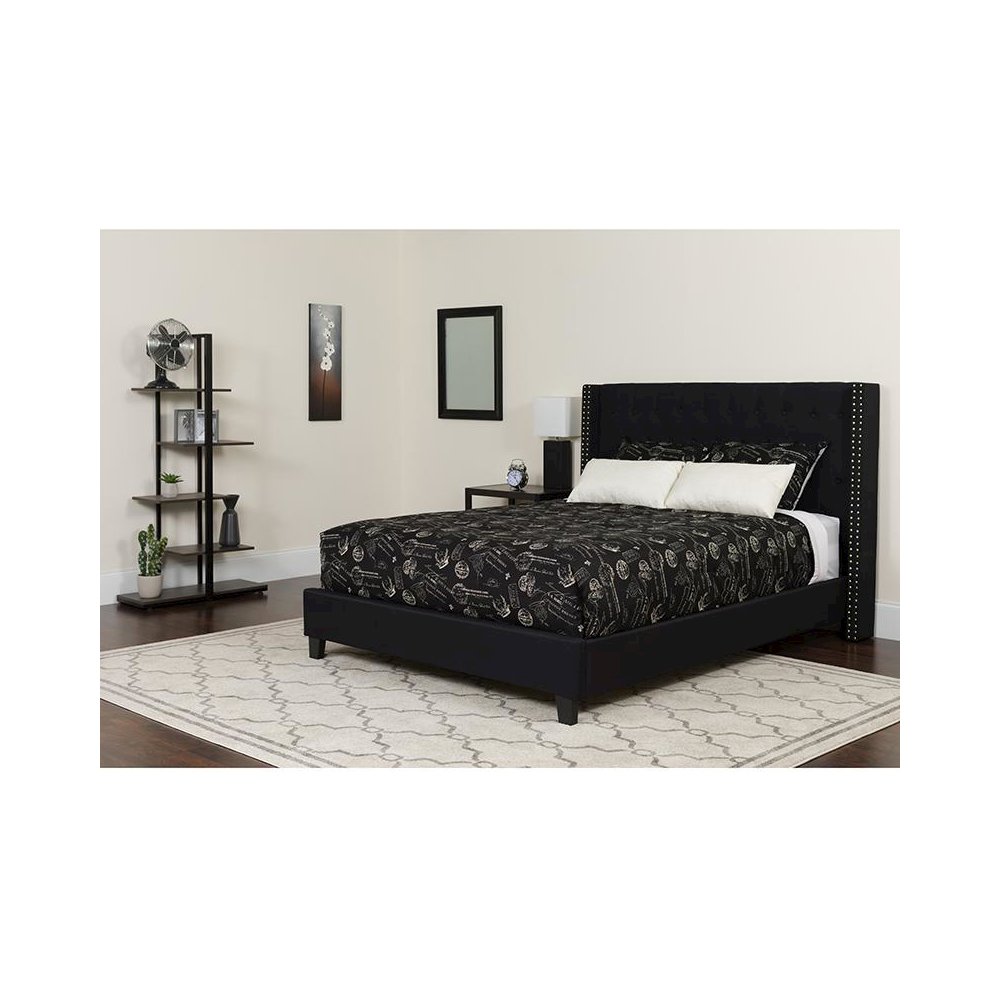 Queen Size Platform Bed in Black Fabric with Pocket Spring Mattress