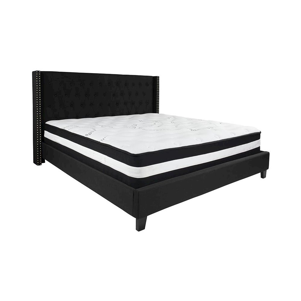 King Size Platform Bed in Black Fabric with Pocket Spring Mattress