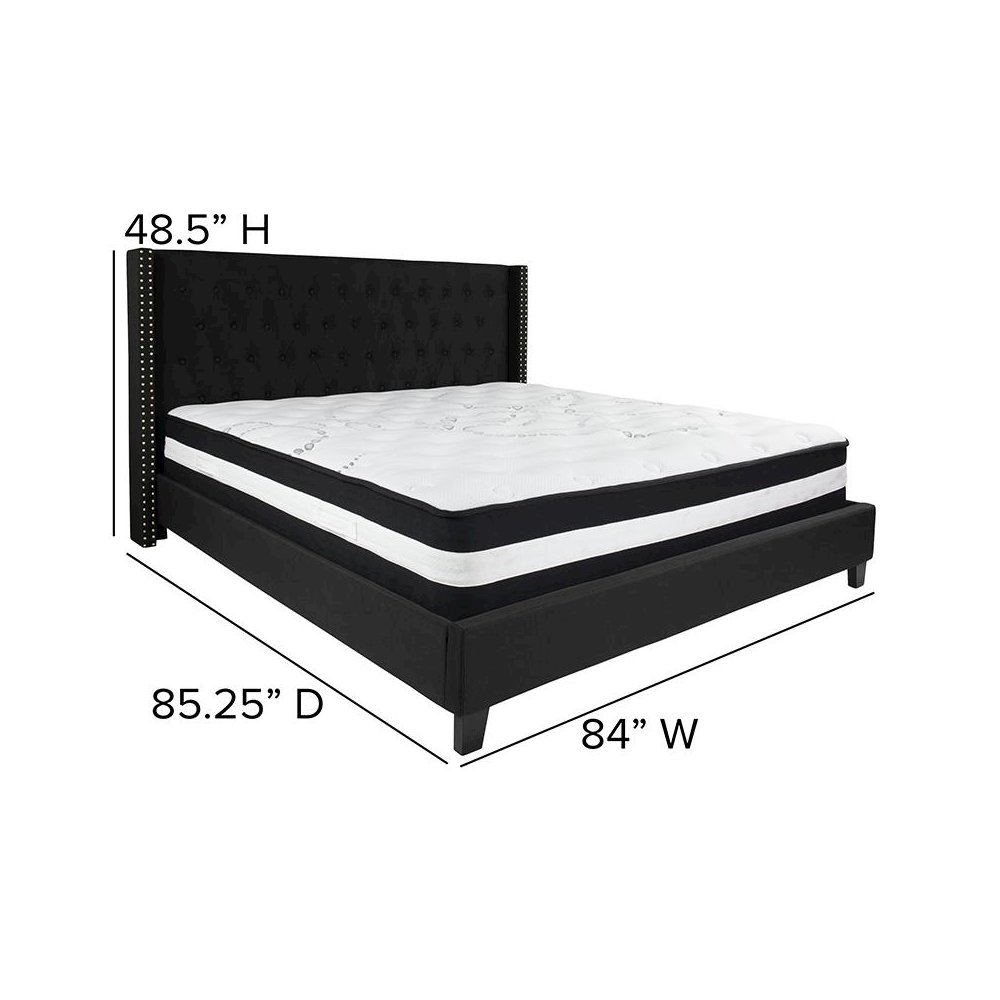 King Size Platform Bed in Black Fabric with Pocket Spring Mattress