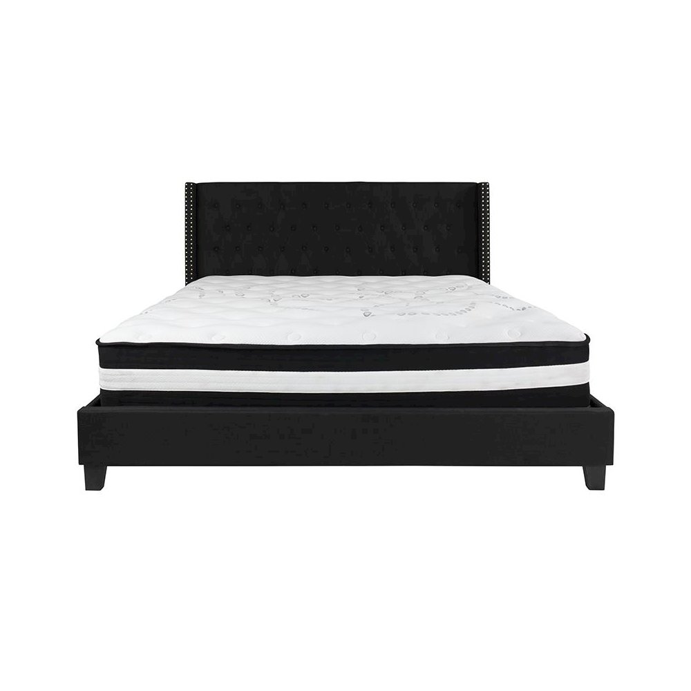 King Size Platform Bed in Black Fabric with Pocket Spring Mattress