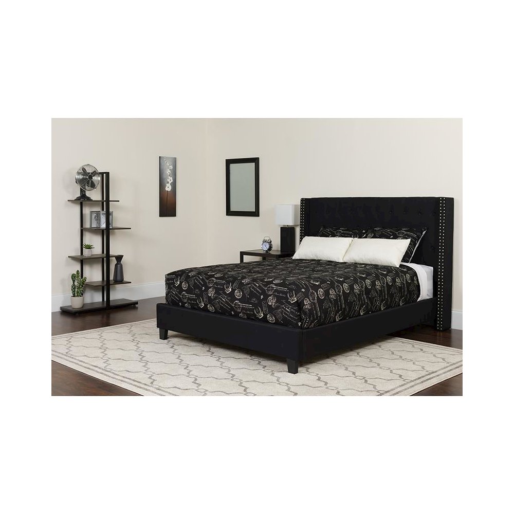 King Size Platform Bed in Black Fabric with Pocket Spring Mattress