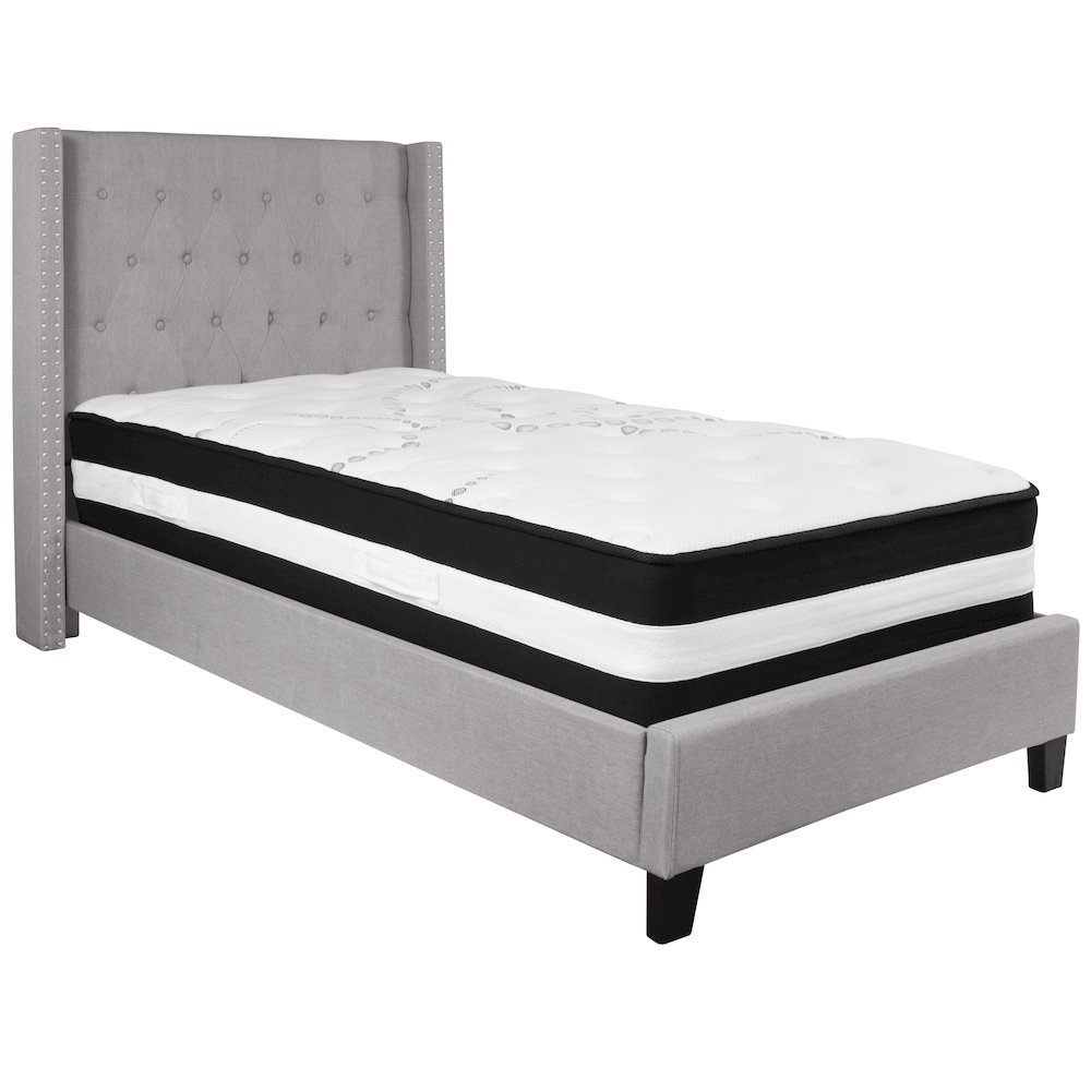 Twin Size Platform Bed in Light Gray Fabric with Pocket Spring Mattress