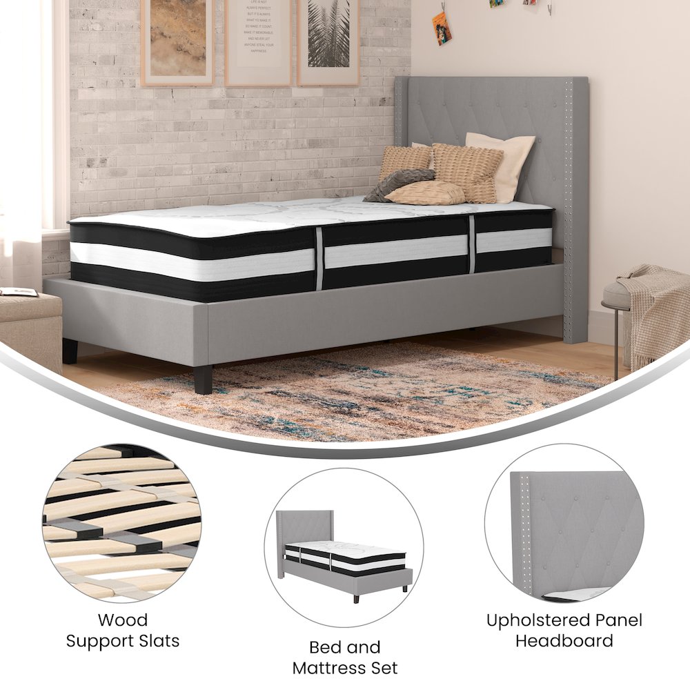 Twin Size Platform Bed in Light Gray Fabric with Pocket Spring Mattress