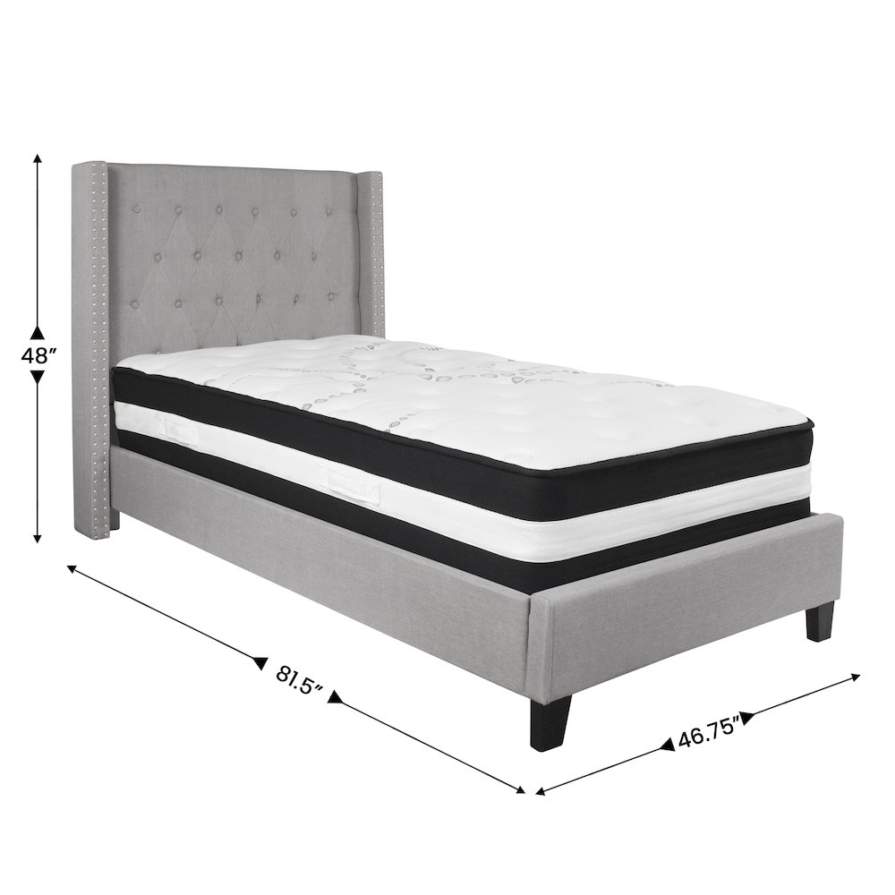 Twin Size Platform Bed in Light Gray Fabric with Pocket Spring Mattress
