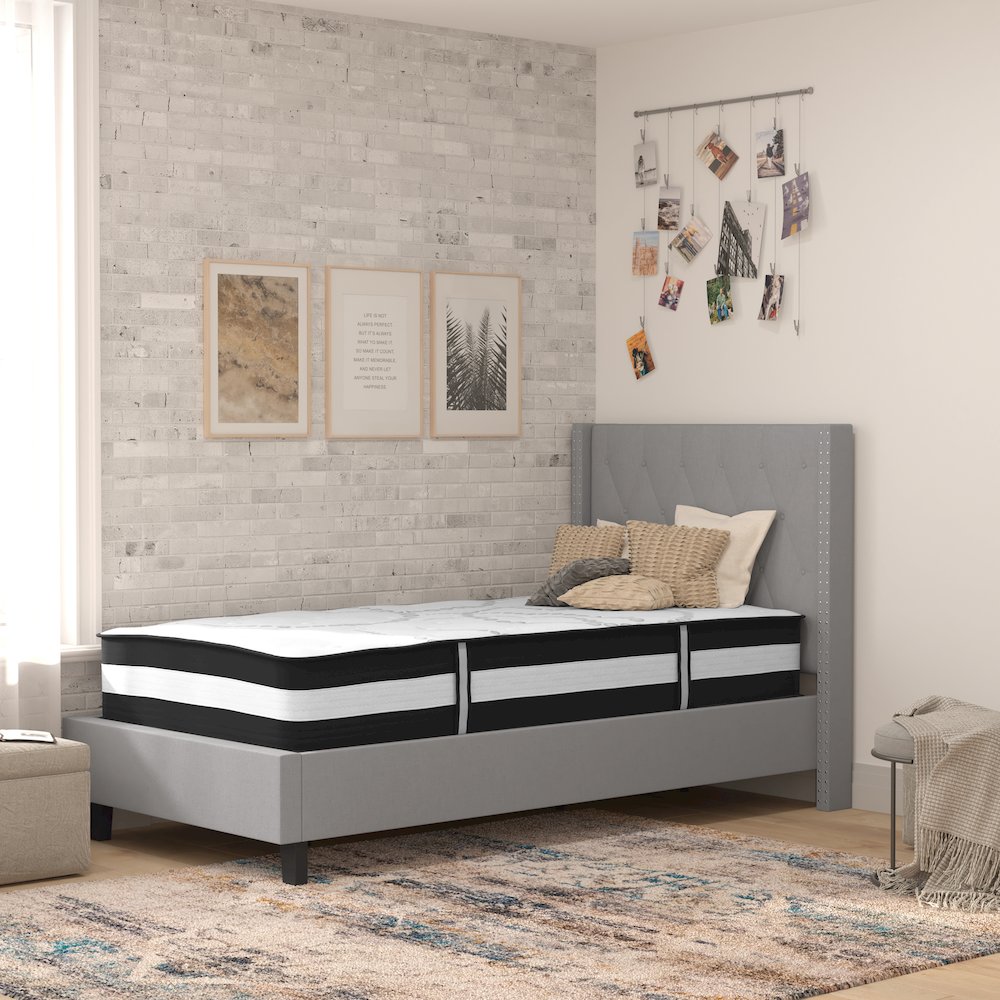 Twin Size Platform Bed in Light Gray Fabric with Pocket Spring Mattress