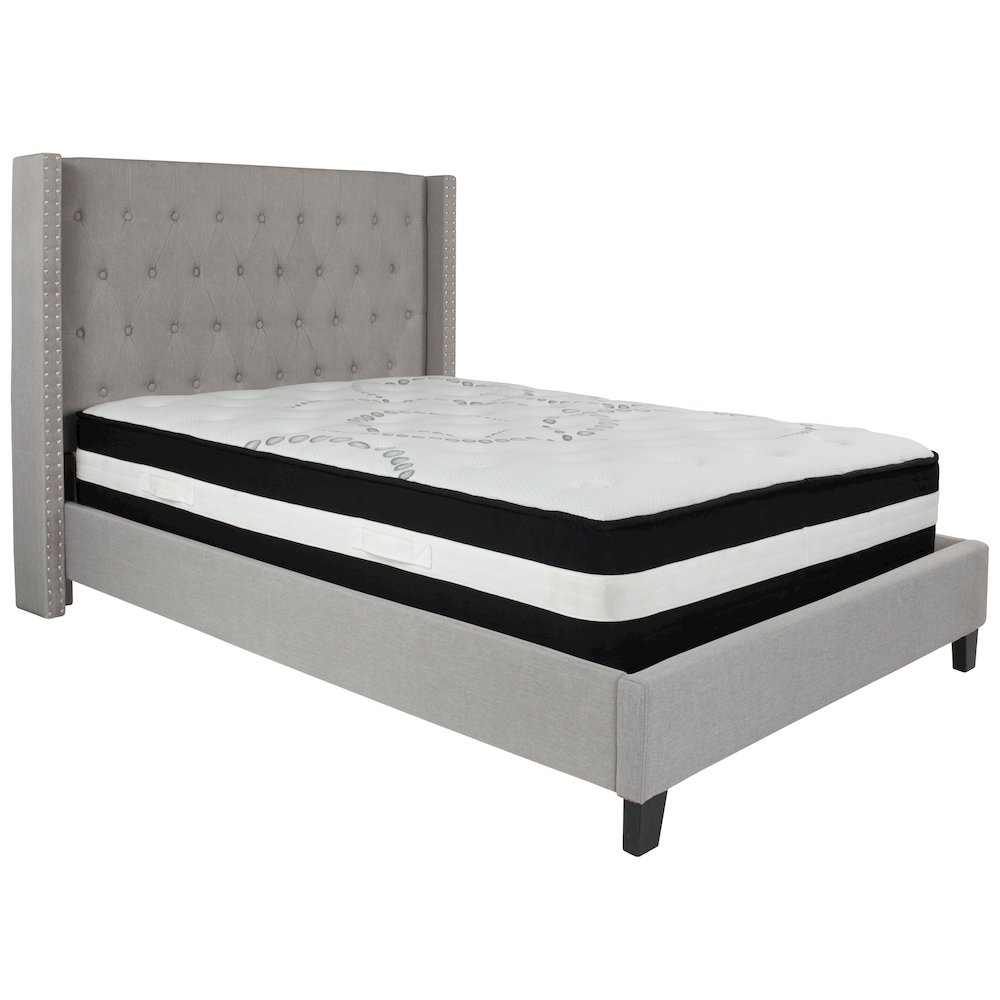 Full Size Platform Bed in Light Gray Fabric with Pocket Spring Mattress