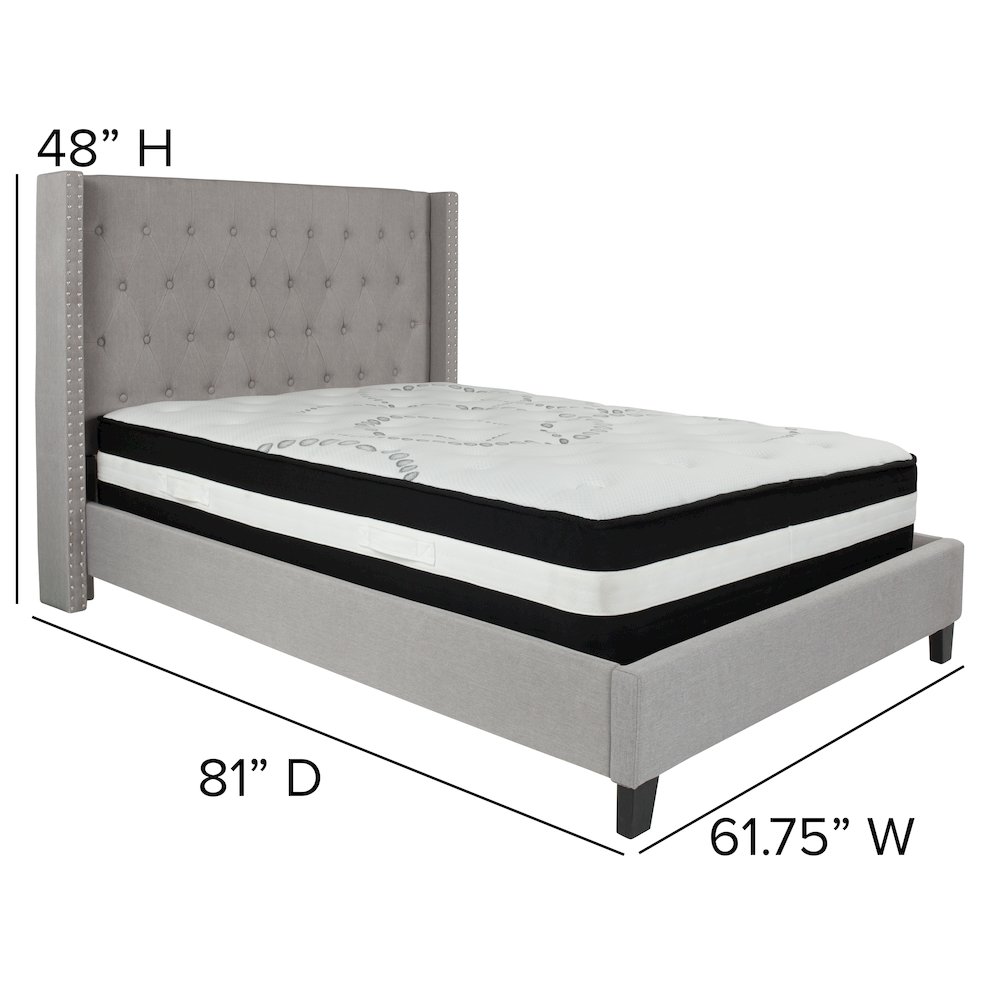 Full Size Platform Bed in Light Gray Fabric with Pocket Spring Mattress
