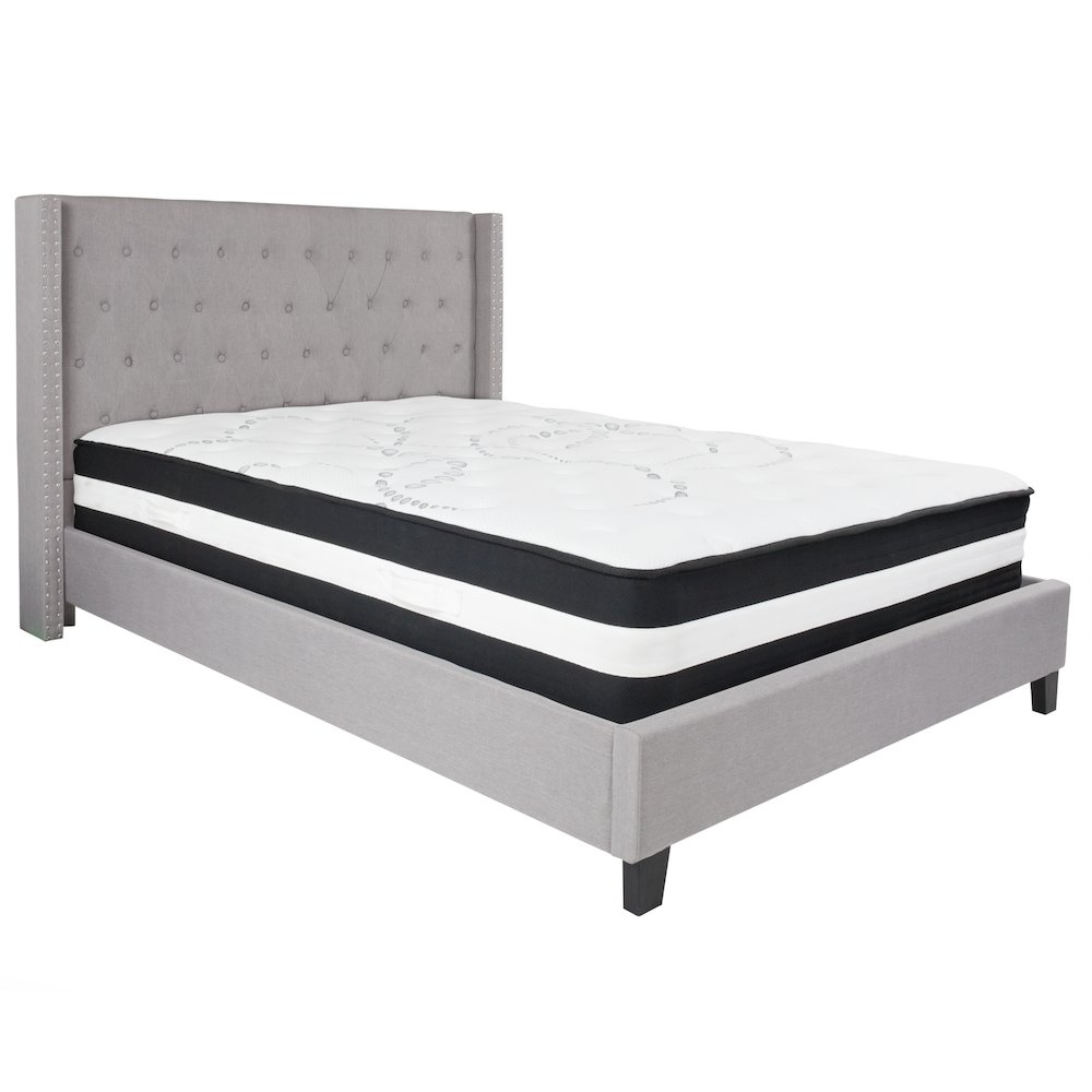 Queen Size Platform Bed in Light Gray Fabric with Pocket Spring Mattress