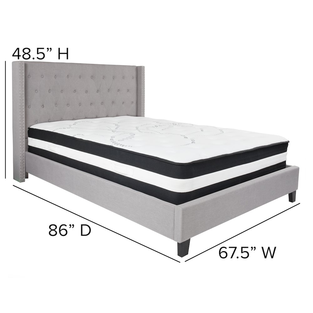 Queen Size Platform Bed in Light Gray Fabric with Pocket Spring Mattress