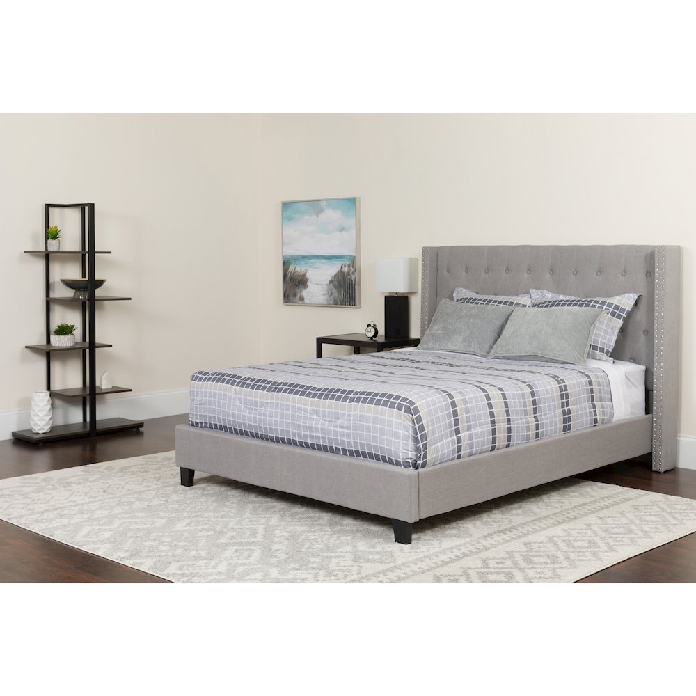 Queen Size Platform Bed in Light Gray Fabric with Pocket Spring Mattress
