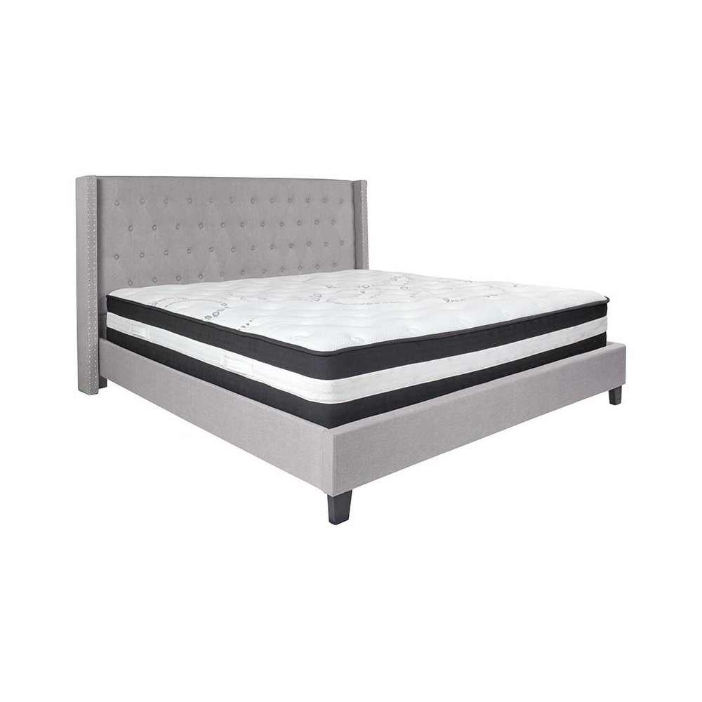King Size Platform Bed in Light Gray Fabric with Pocket Spring Mattress