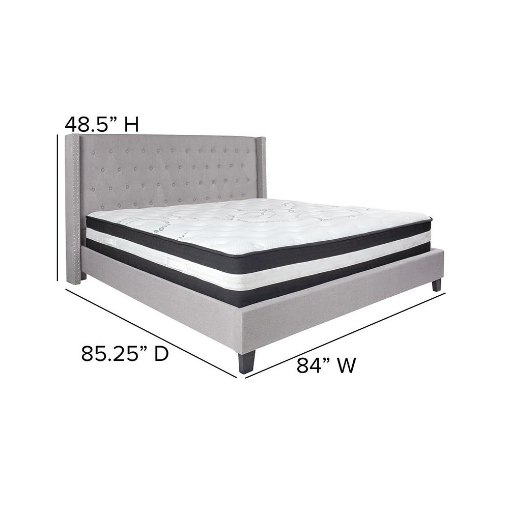 King Size Platform Bed in Light Gray Fabric with Pocket Spring Mattress