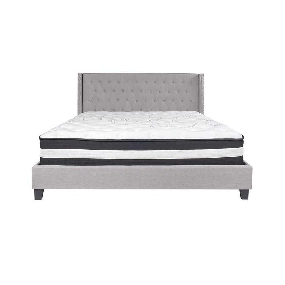 King Size Platform Bed in Light Gray Fabric with Pocket Spring Mattress