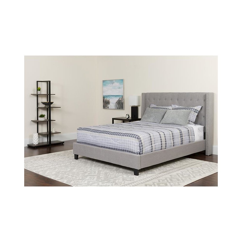 King Size Platform Bed in Light Gray Fabric with Pocket Spring Mattress