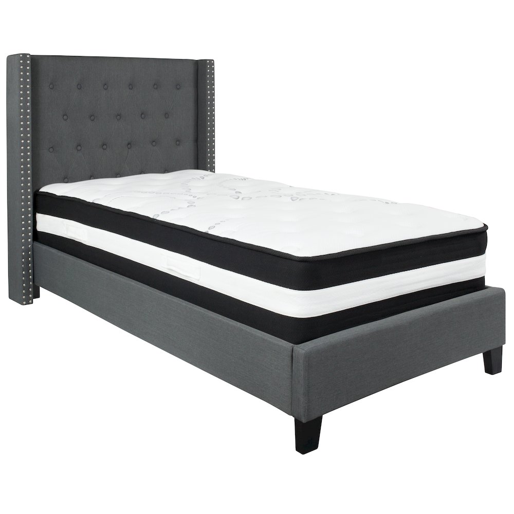 Twin Size Platform Bed in Dark Gray Fabric with Pocket Spring Mattress