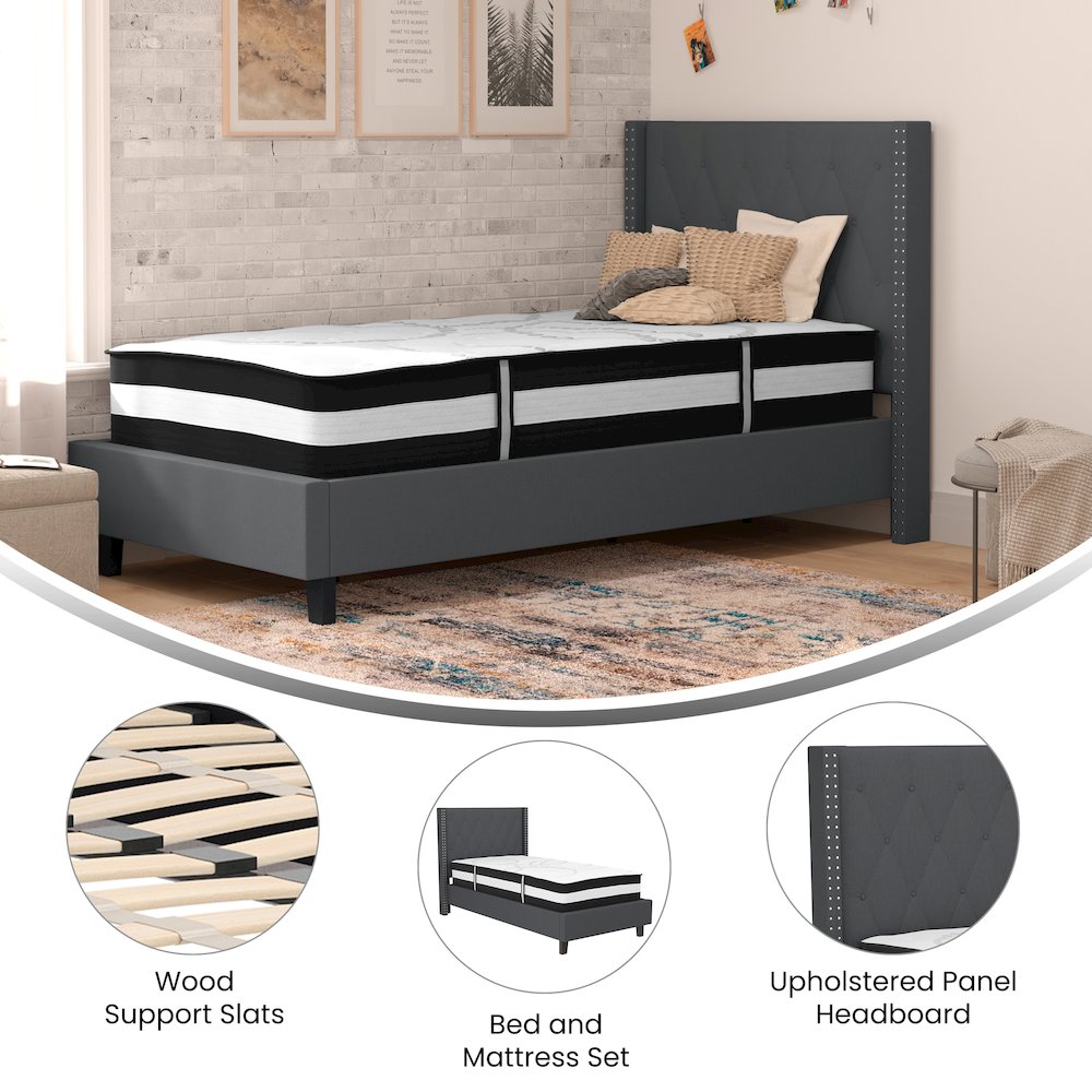 Twin Size Platform Bed in Dark Gray Fabric with Pocket Spring Mattress