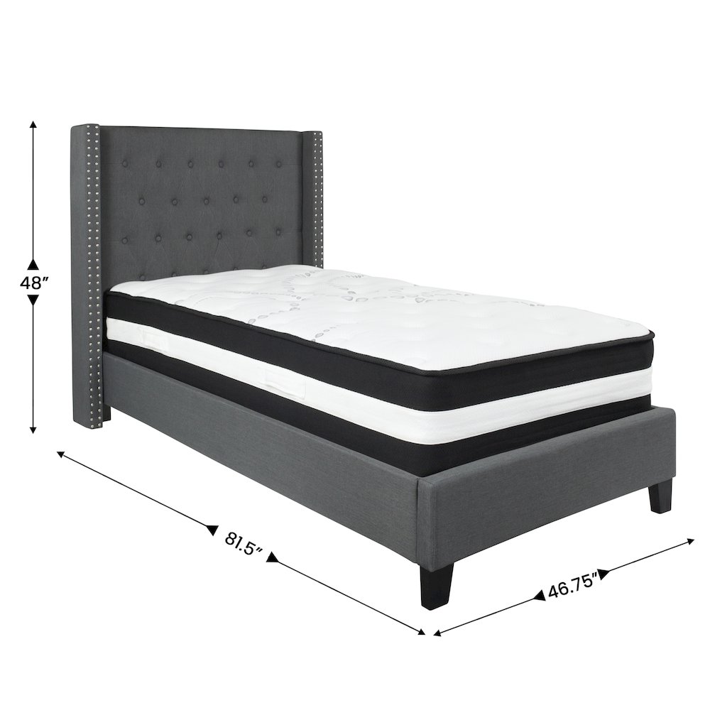 Twin Size Platform Bed in Dark Gray Fabric with Pocket Spring Mattress