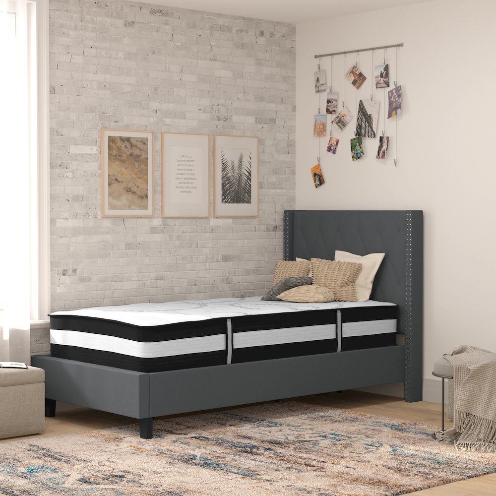 Twin Size Platform Bed in Dark Gray Fabric with Pocket Spring Mattress