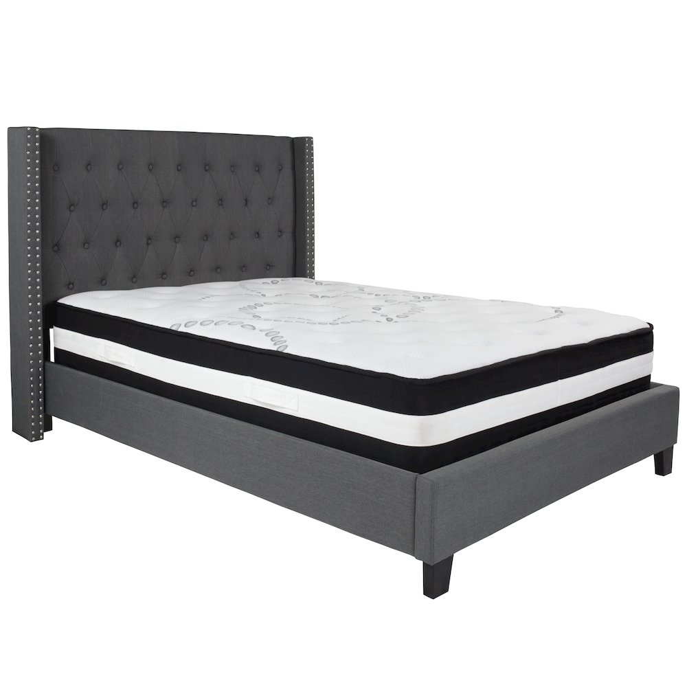 Full Size Platform Bed in Dark Gray Fabric with Pocket Spring Mattress