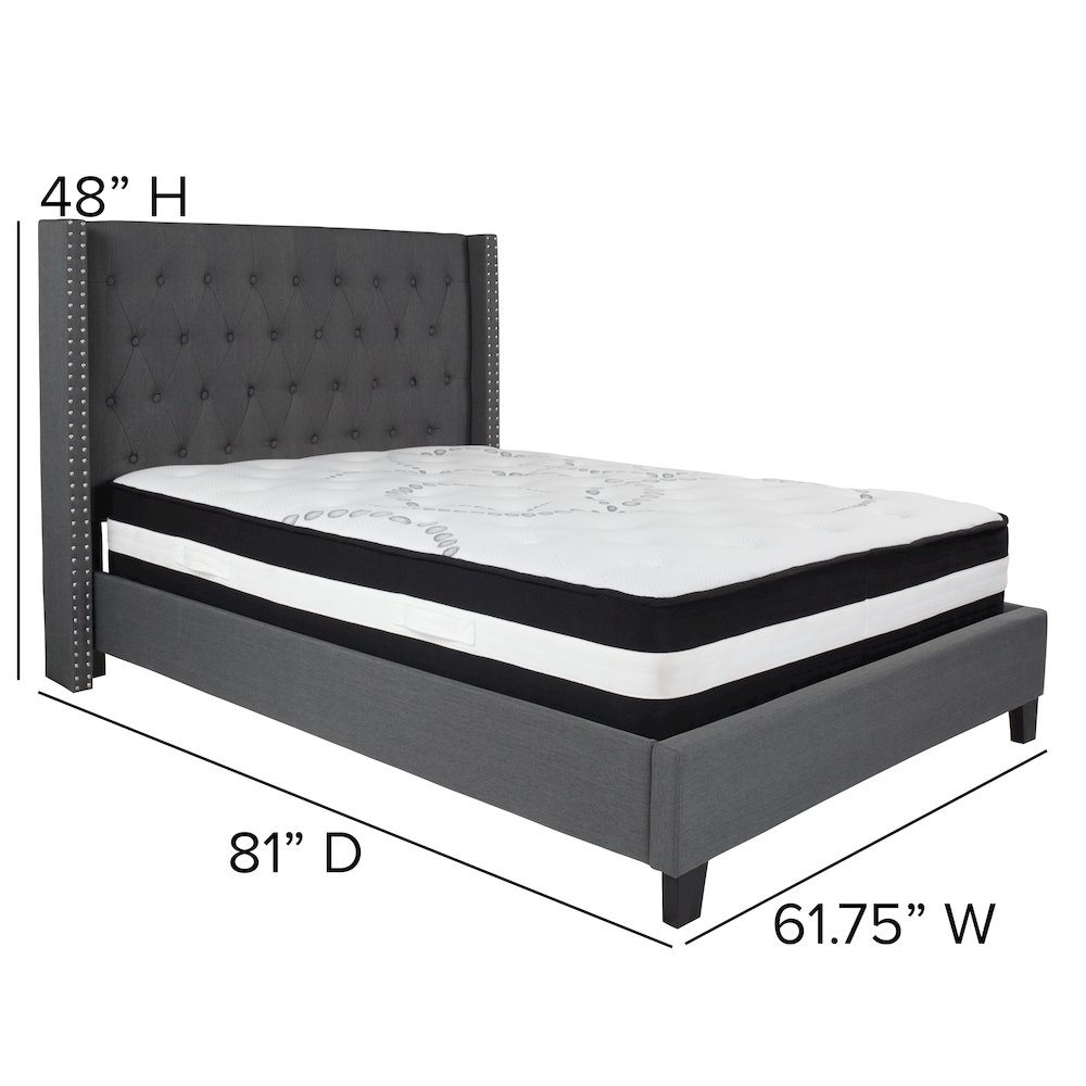 Full Size Platform Bed in Dark Gray Fabric with Pocket Spring Mattress