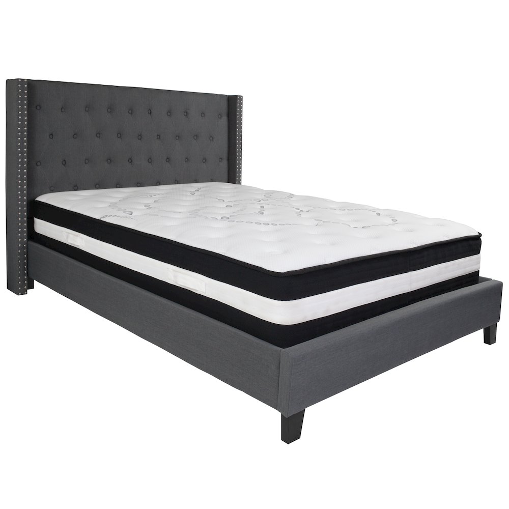 Queen Size Platform Bed in Dark Gray Fabric with Pocket Spring Mattress