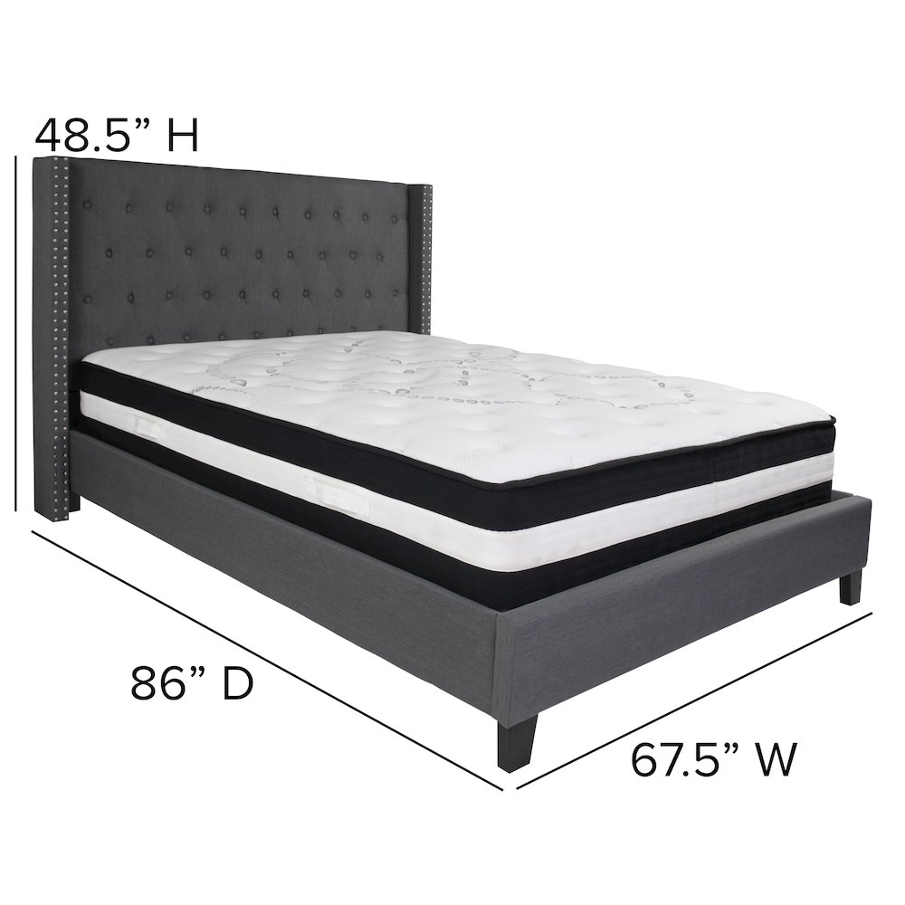 Queen Size Platform Bed in Dark Gray Fabric with Pocket Spring Mattress