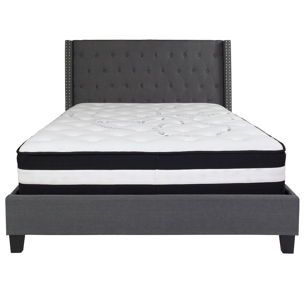 Queen Size Platform Bed in Dark Gray Fabric with Pocket Spring Mattress