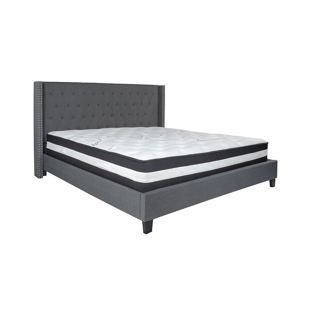 King Size Platform Bed in Dark Gray Fabric with Pocket Spring Mattress