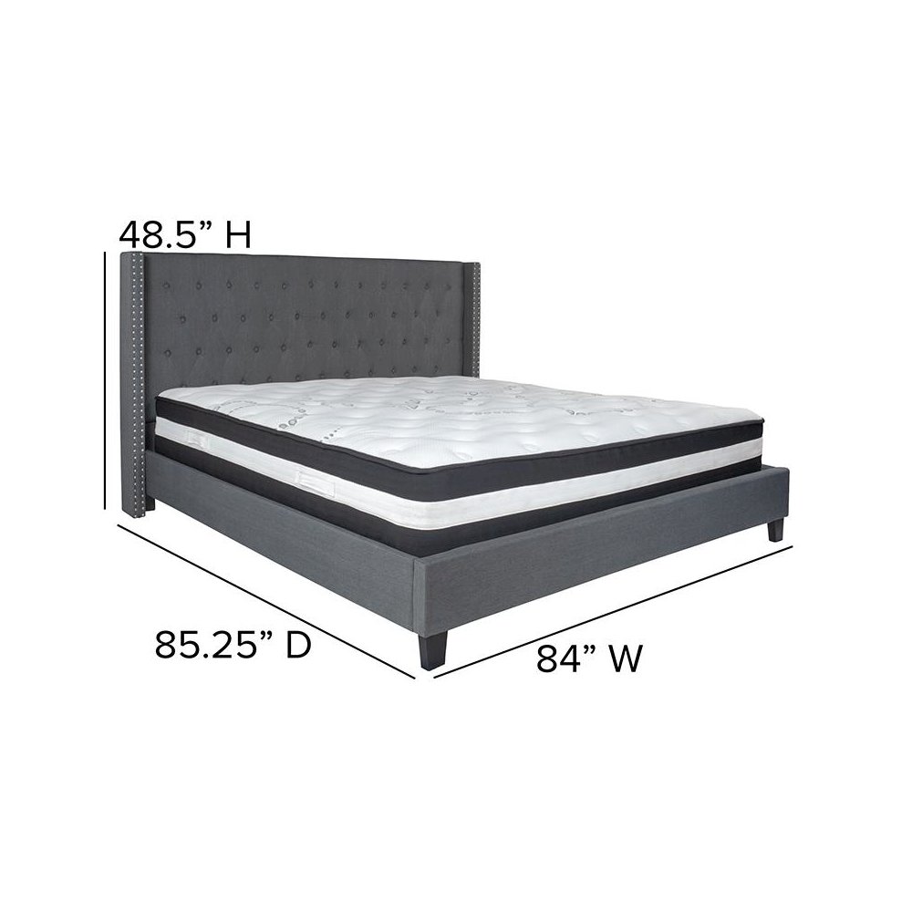 King Size Platform Bed in Dark Gray Fabric with Pocket Spring Mattress