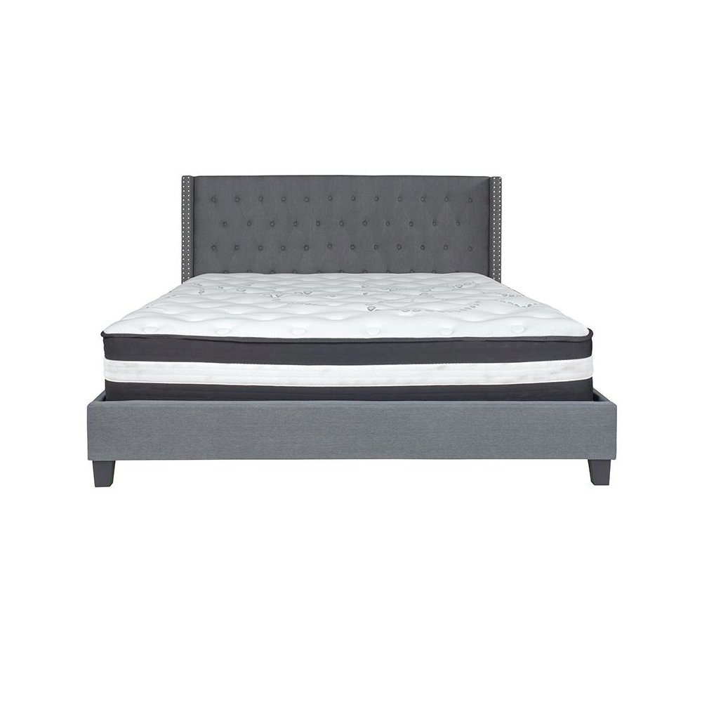 King Size Platform Bed in Dark Gray Fabric with Pocket Spring Mattress