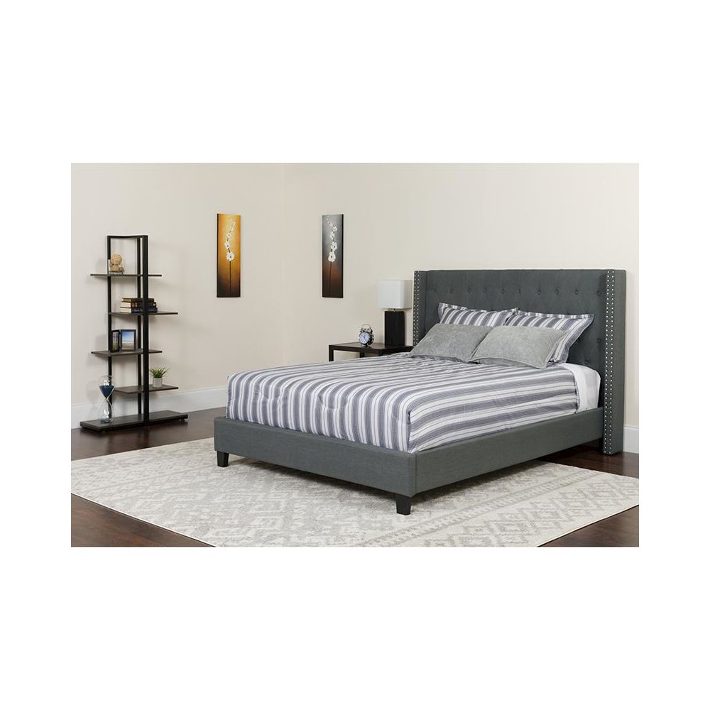 King Size Platform Bed in Dark Gray Fabric with Pocket Spring Mattress