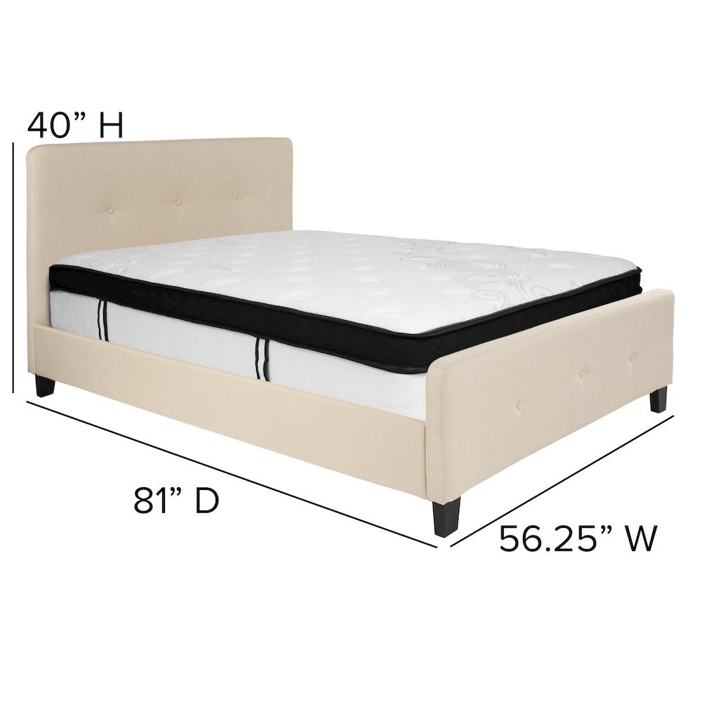 Full Size Platform Bed in Beige Fabric with Memory Foam Mattress