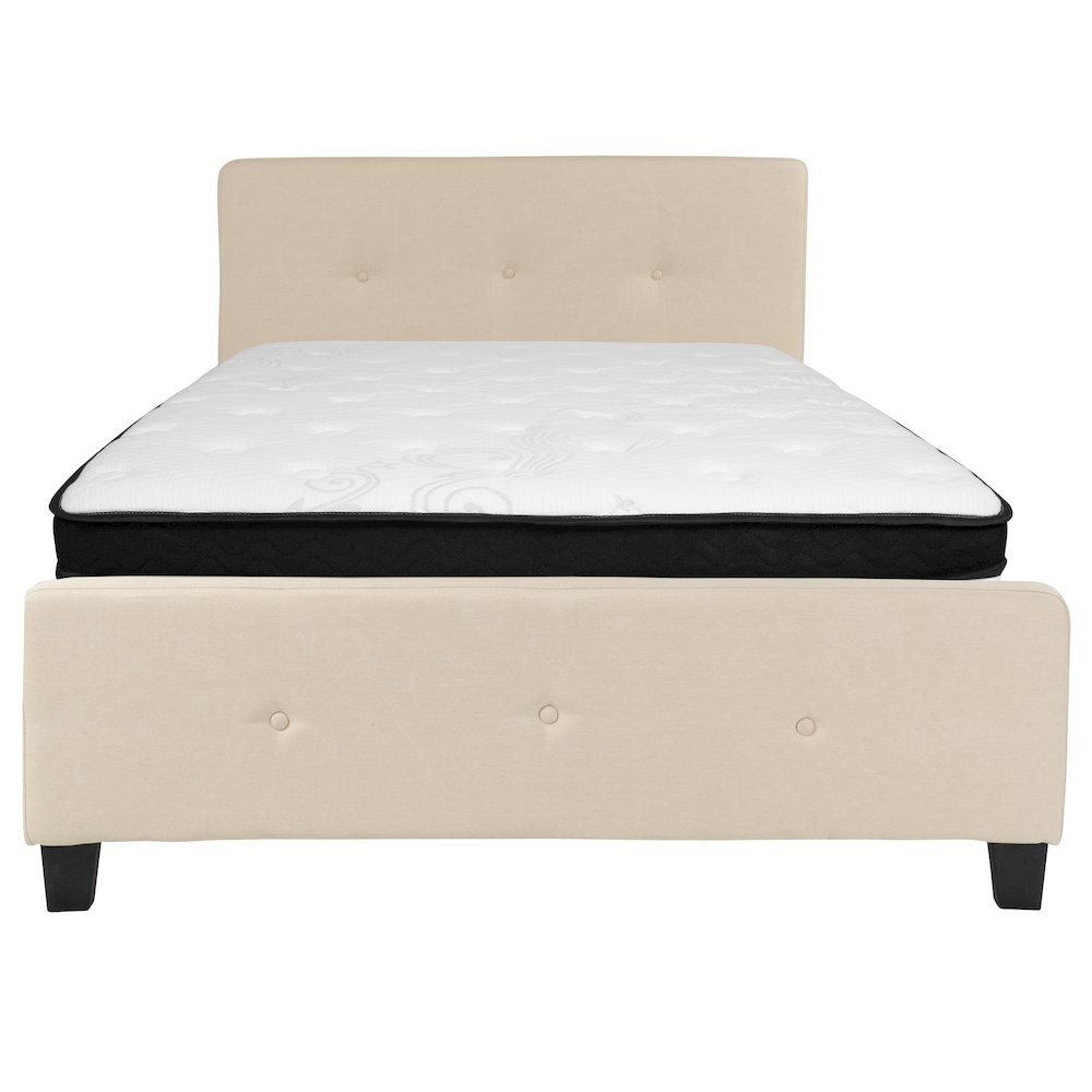 Full Size Platform Bed in Beige Fabric with Memory Foam Mattress
