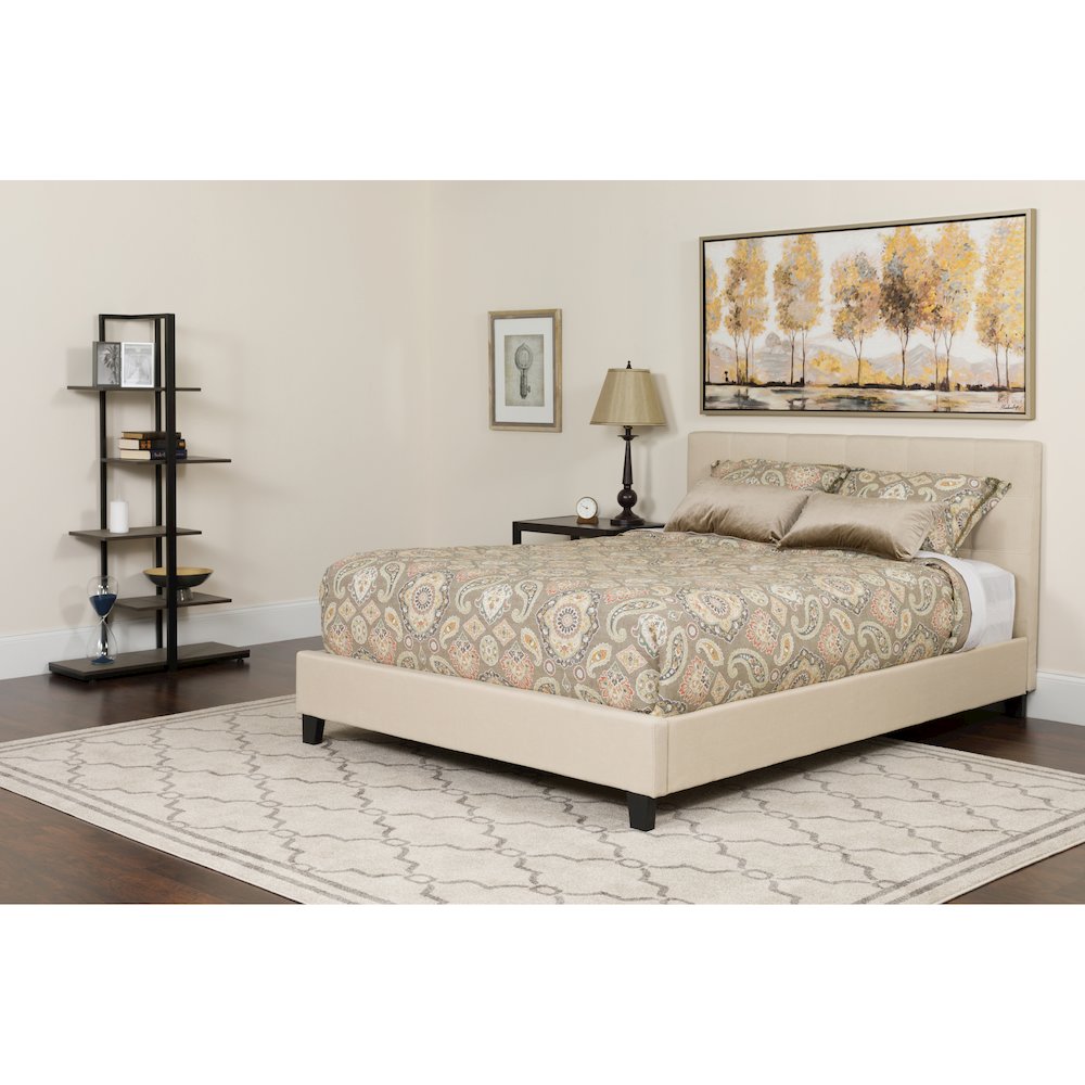 Full Size Platform Bed in Beige Fabric with Memory Foam Mattress