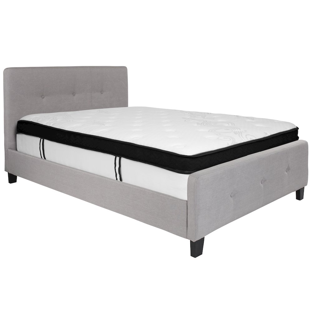 Full Size Platform Bed in Light Gray Fabric with Memory Foam Mattress