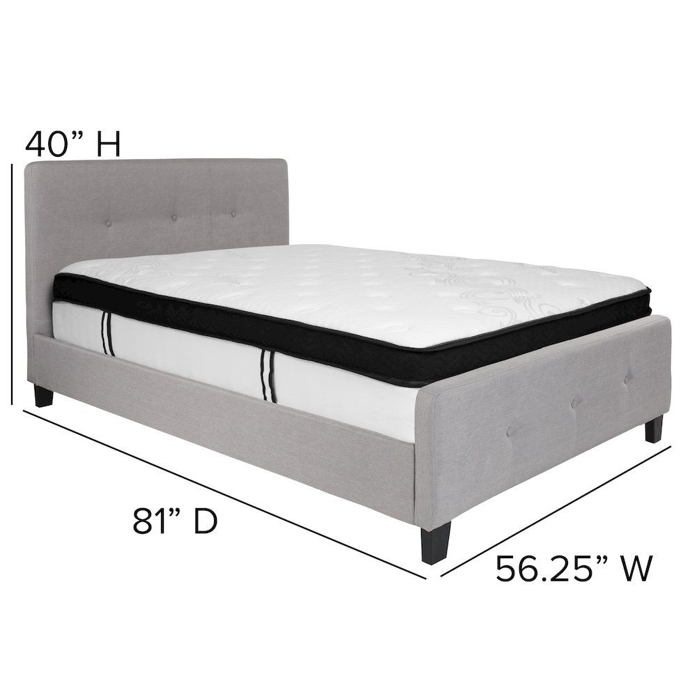Full Size Platform Bed in Light Gray Fabric with Memory Foam Mattress