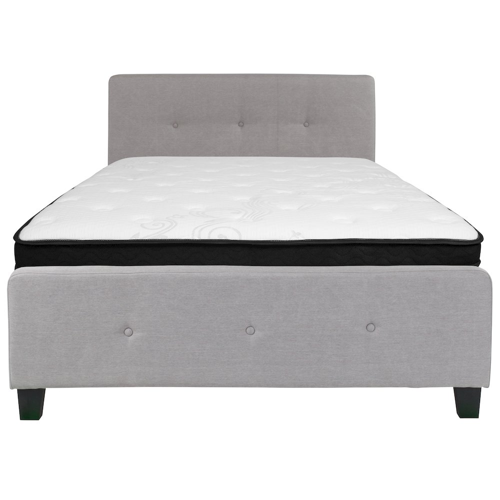 Full Size Platform Bed in Light Gray Fabric with Memory Foam Mattress