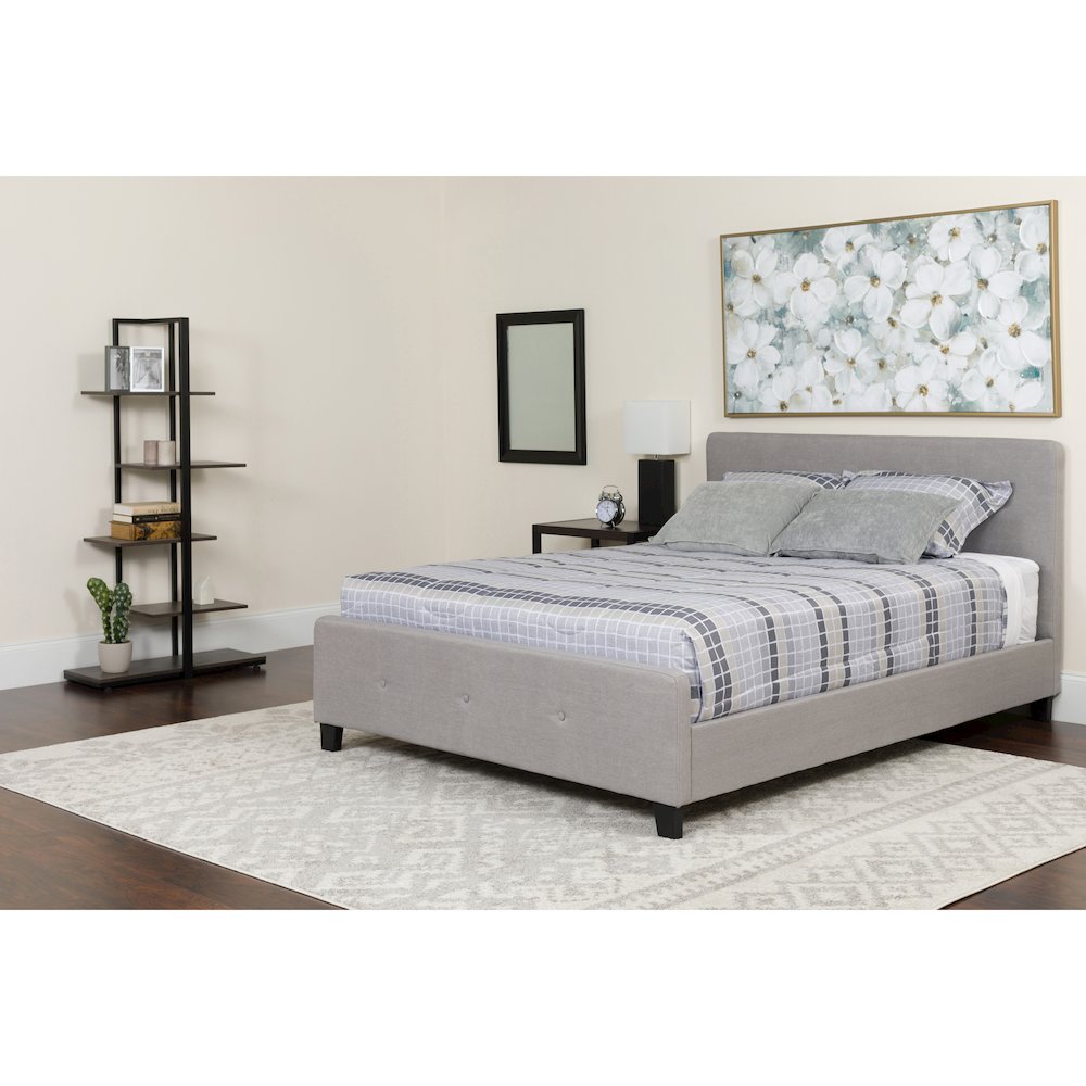 Full Size Platform Bed in Light Gray Fabric with Memory Foam Mattress