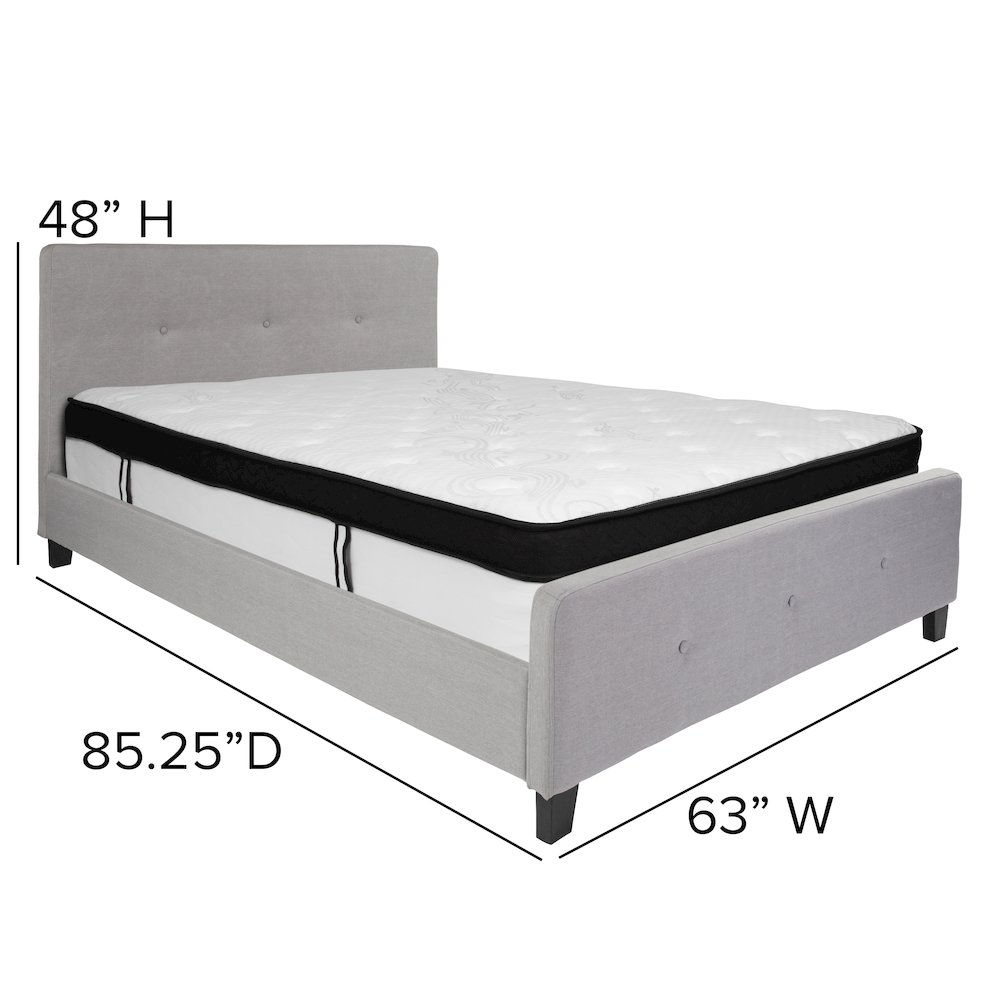 Queen Size Platform Bed in Light Gray Fabric with Memory Foam Mattress