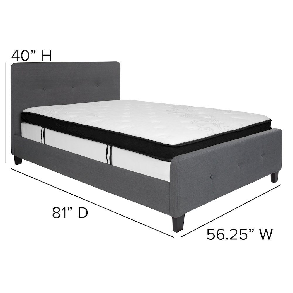 Full Size Platform Bed in Dark Gray Fabric with Memory Foam Mattress