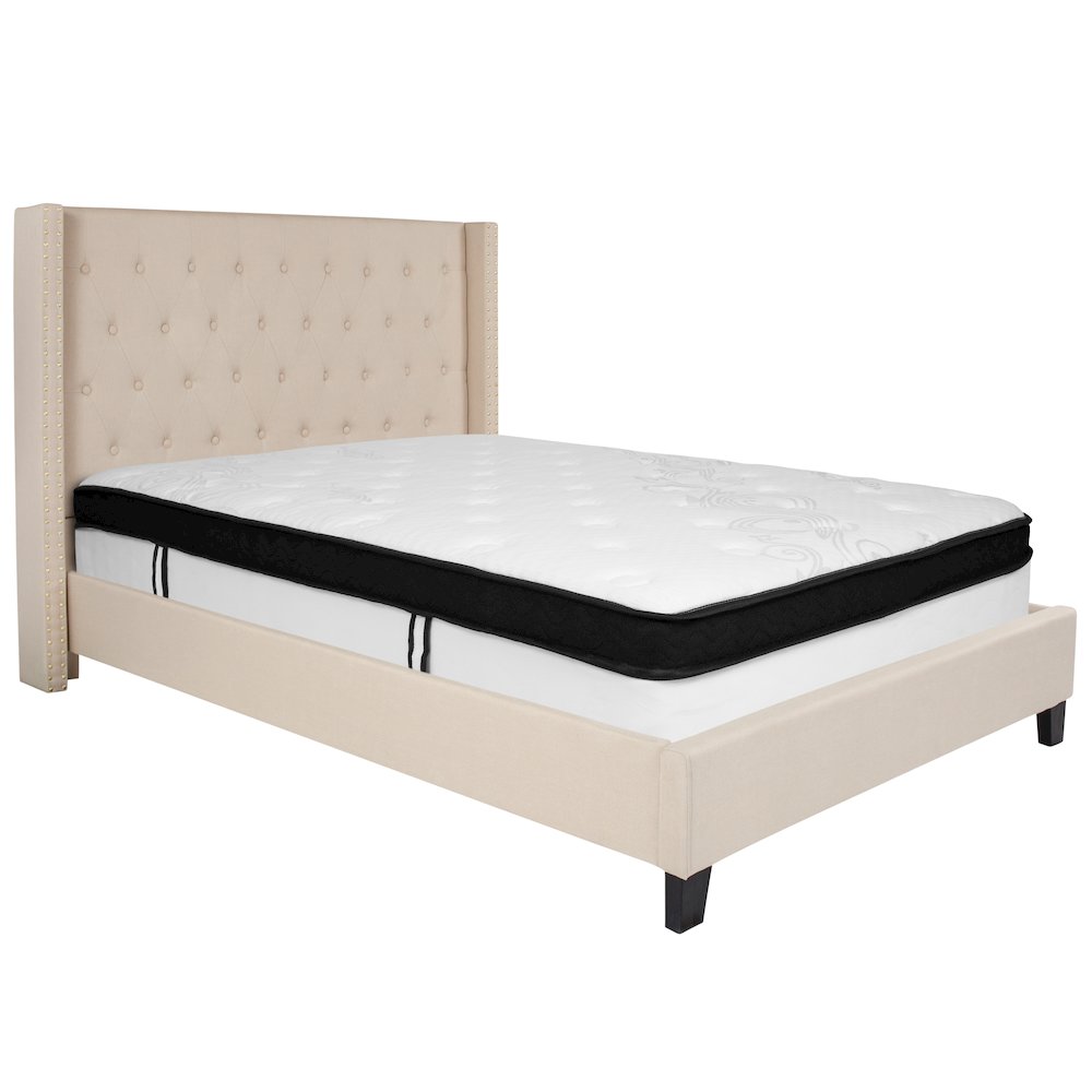 Full Size Platform Bed in Beige Fabric with Memory Foam Mattress