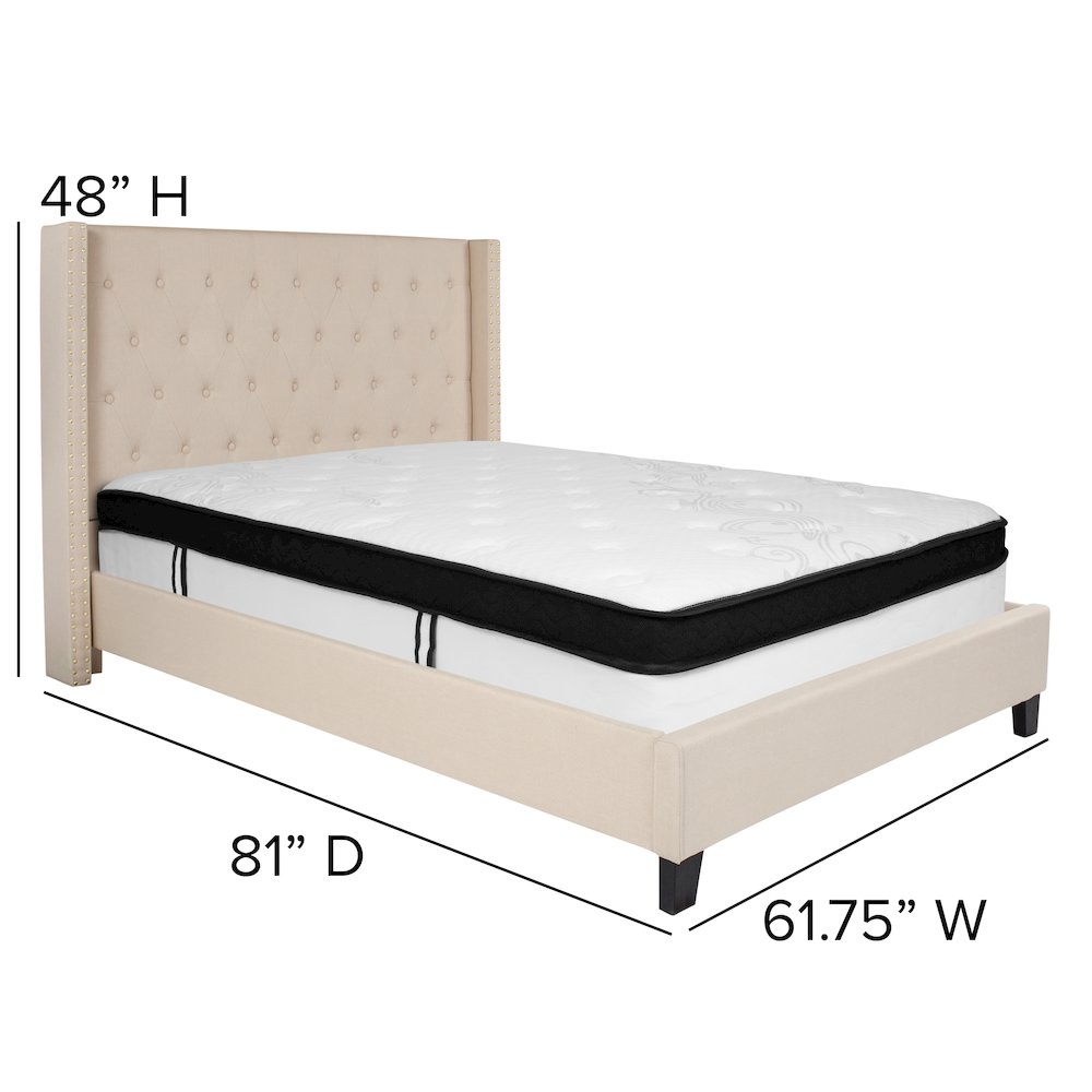Full Size Platform Bed in Beige Fabric with Memory Foam Mattress