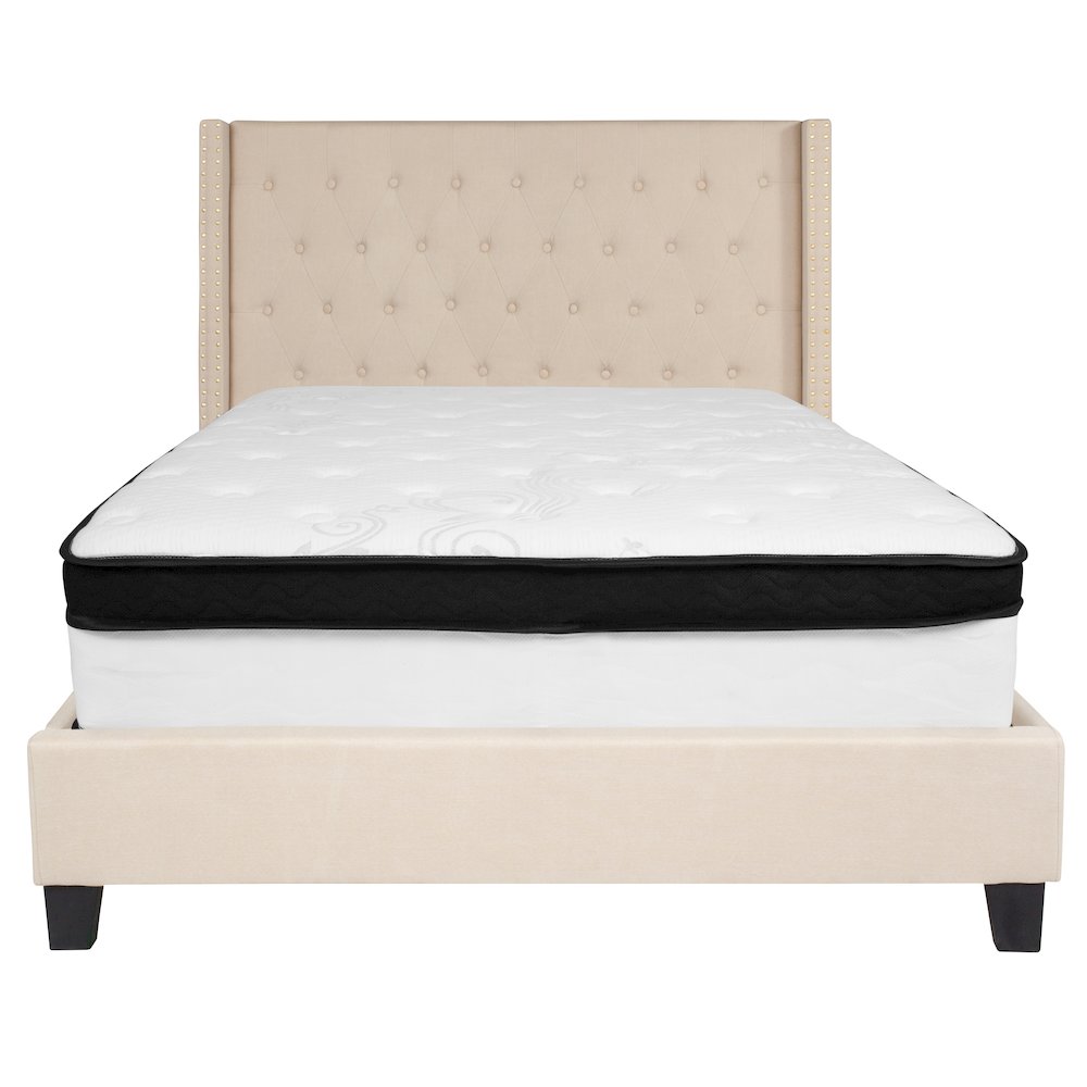 Full Size Platform Bed in Beige Fabric with Memory Foam Mattress