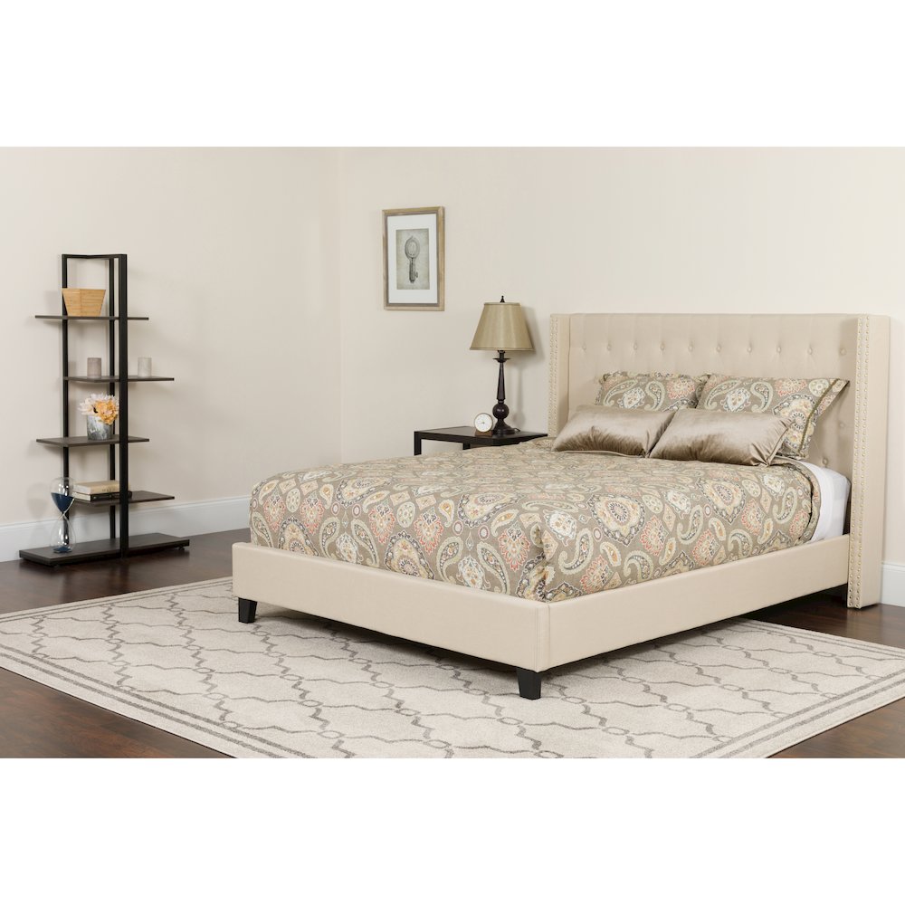 Full Size Platform Bed in Beige Fabric with Memory Foam Mattress