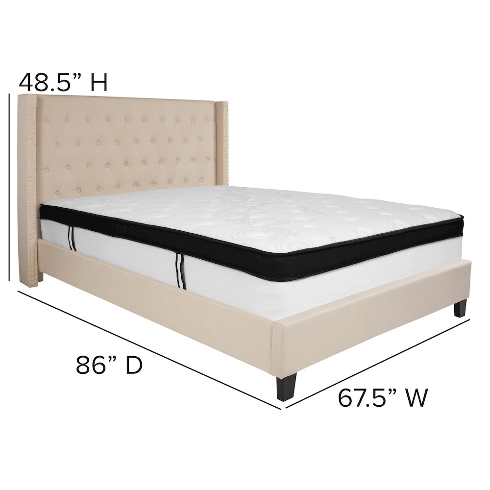 Queen Size Platform Bed in Beige Fabric with Memory Foam Mattress