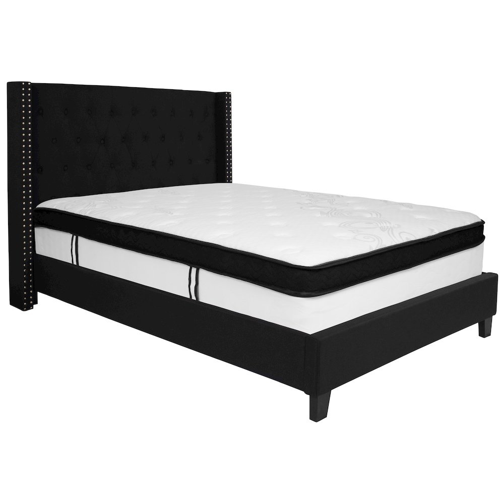Full Size Platform Bed in Black Fabric with Memory Foam Mattress