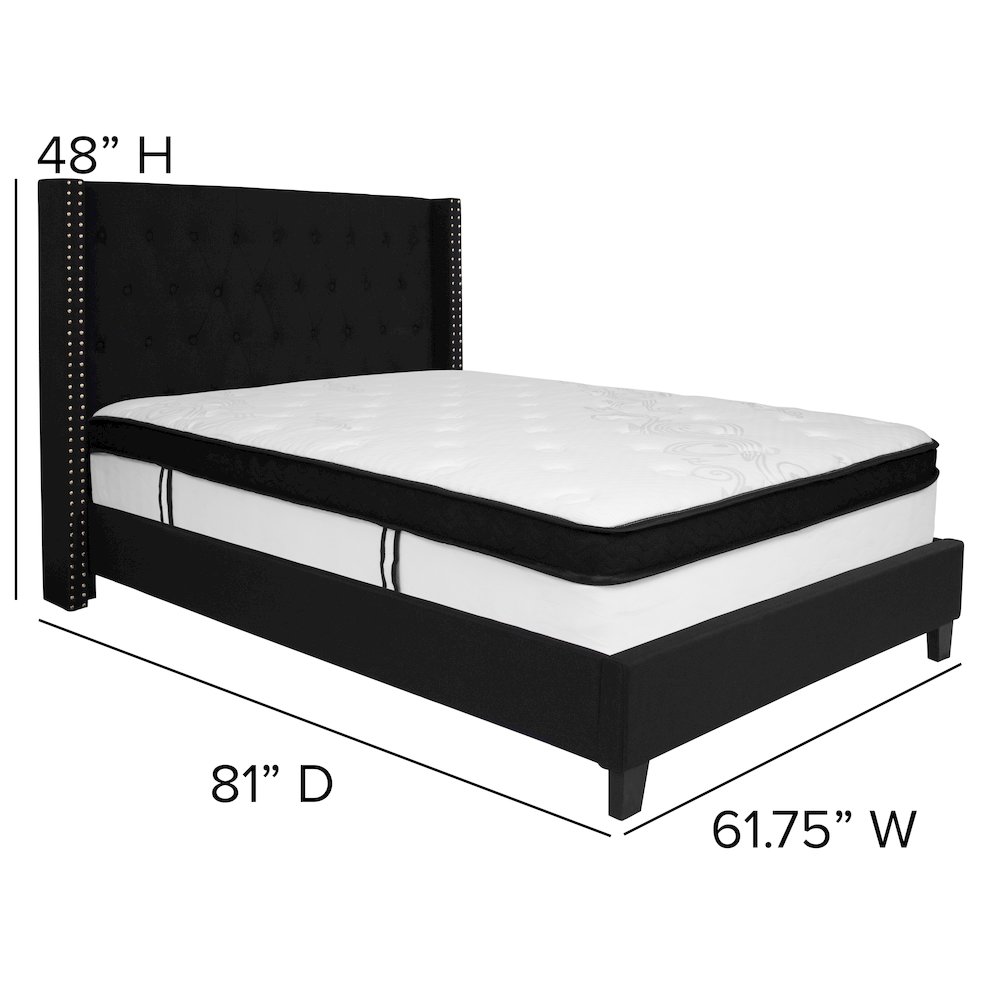Full Size Platform Bed in Black Fabric with Memory Foam Mattress